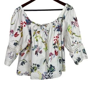 Tanya Taylor | Stassi White Poplin Floral Off Shoulder Blouse